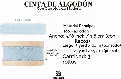 Vista 2 de Vitalizart Cinta de algodón azul bebé hecha a mano con flecos de 5/8 pulgadas x 21 yardas, cintas de algodón natural puro para envolver regalos
