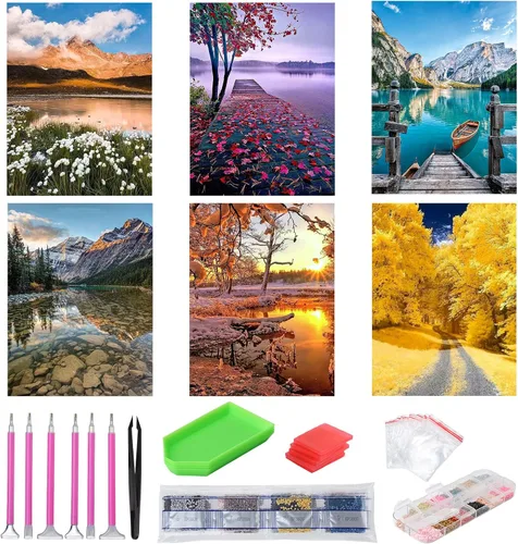 Vista 12 de abcGoodefg Kit de pinturas de arte de diamantes, 6 paquetes, kits de arte de diamantes 5D para adultos, juego de paisaje, pintura redonda de taladro
