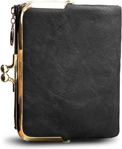 Vista 4 de Monedero para mujer pequeño con cremallera y bloqueo de beso, cartera Rfid, S, Gris