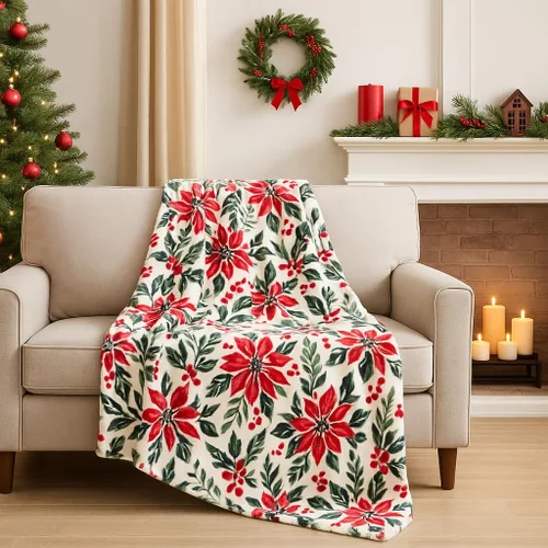 Vista 28 de Manta de Forro Polar para las Fiestas Navideñas: Corona Tradicional de Decoración del Hogar con Saludos Cheers Merry Peace Joy sobre Fondo Beige