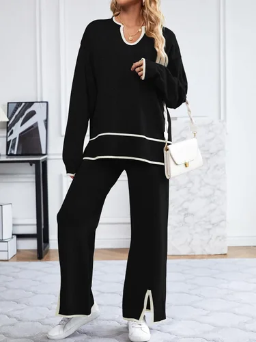 Vista 7 de SuperPrity Conjunto de 2 piezas de suéter para mujer, con cuello de muesca, manga larga, suéter de punto y pierna ancha