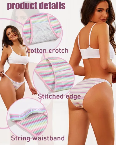 Vista 4 de FINETOO Ropa interior de algodón de corte alto para mujer, bragas de bikini lindas a rayas, hipster, atrevidas, sexy, paquete S-XL