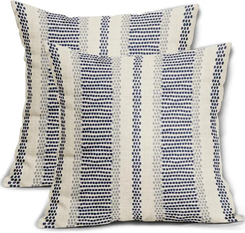 Vista 27 de Juego de 2 fundas de almohada negras y azules con rayas de puntos grises, decorativas para exteriores, estilo boho rústico, para sofá, cama, cojín