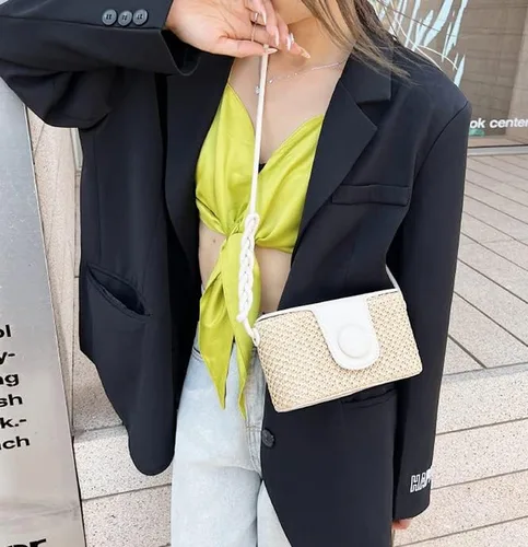 Vista 3 de Bolso Hobo de paja para mujer, bolso cruzado tejido para el hombro, bolso de mano, bolso pequeño para la playa