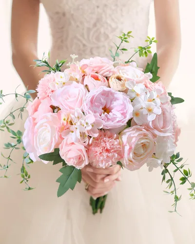 Vista 6 de Senseya - Flores artificiales combo, rosas de seda color rosa pálido, peonías, dalias con tallos para ramos de boda, fiesta de bebé, centros