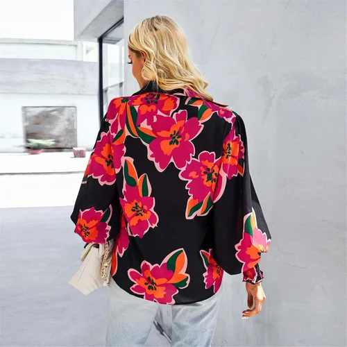Vista 8 de AELSON Blusa de manga larga con cuello en V y estampado floral para mujer, estilo bohemio, con botones