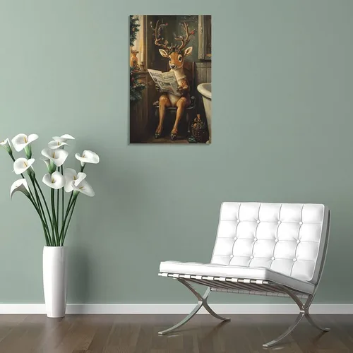 Vista 5 de Arte De Pared En Lienzo Vintage De Reno Navideño, Impresiones De Imágenes De Renos, Alces Sentados En El Inodoro, Pintura De Invierno, Póster Para