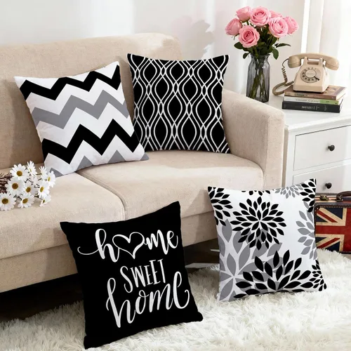 Vista 5 de Hexagram Juego de 4 fundas decorativas negras con diseño geométrico negro de 16 x 16 pulgadas, fundas decorativas para cojín de estilo bohemio