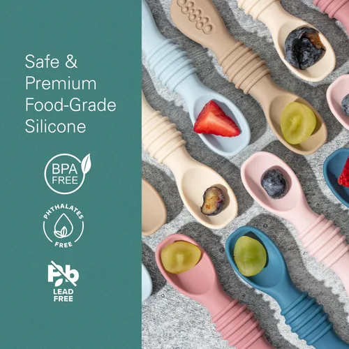 Vista 4 de Sperric Cucharas para bebés de más de 6 meses, autoalimentación, cucharas de dentición sin BPA, color azul
