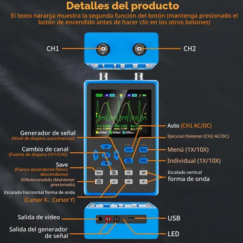 Vista 2 de DSO2512G Kit de osciloscopio digital de mano LCD - 2 canales 2.8 "TFT Mini Osciloscopio automotriz Ancho de banda 120Mhz Osciloscopios digitales