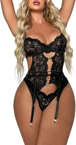 Vista 4 de Lilosy Conjunto de lencería sexy con aros de encaje floral de encaje transparente, 2 piezas