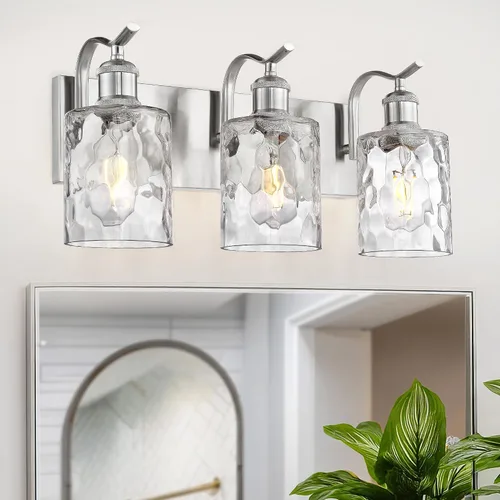 Vista 26 de Lámpara de tocador de baño de 3 luces, aplique de pared de níquel cepillado, lámpara de baño moderna con vidrio transparente, VL01BN-3 Níquel