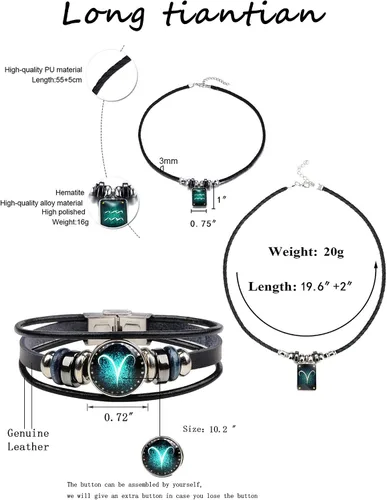 Vista 2 de Juego de 2 pulseras y collar del zodiaco para hombres, joyería de signo del zodiaco, constelaciones de cuero, pulsera del zodiaco para hombres