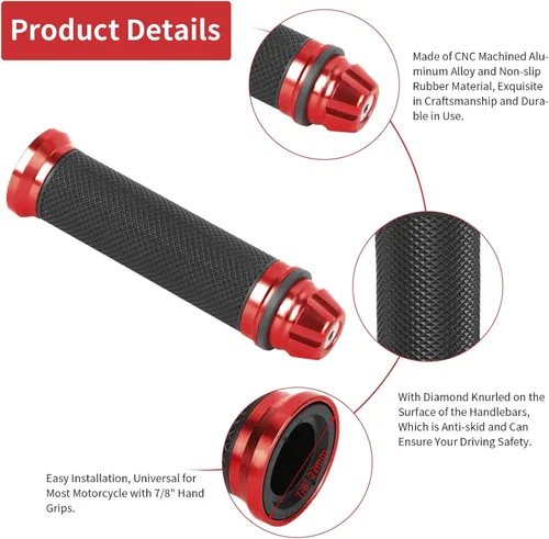 Vista 6 de Agarraderas universales para manillar de motocicleta CNC de goma de aluminio para mango de bicicleta de 7/8 pulgadas (rojo)