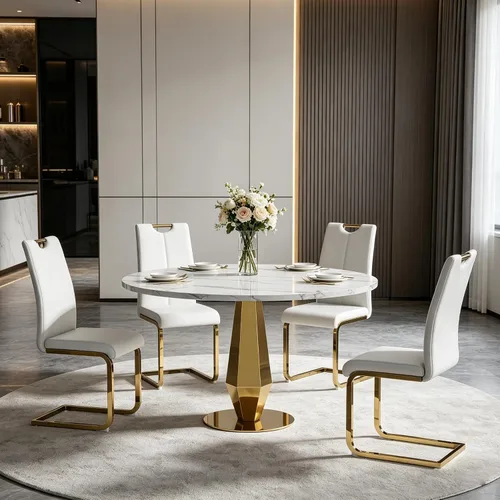 Vista 4 de Henf Mesa de comedor redonda de mármol sintético para 4 a 6 personas, mesa de cocina moderna de oro blanco de 47 pulgadas con base de acero Mesa