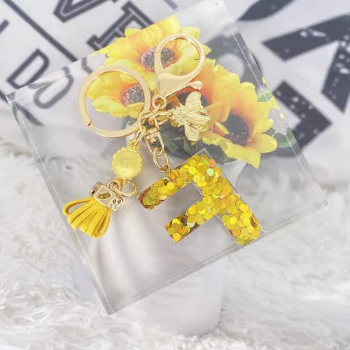 Vista 5 de LAXPICOL Llavero dorado de la letra A-Z para mujer, monedero, bolsos, miel, abeja, lentejuelas doradas, letras iniciales del alfabeto