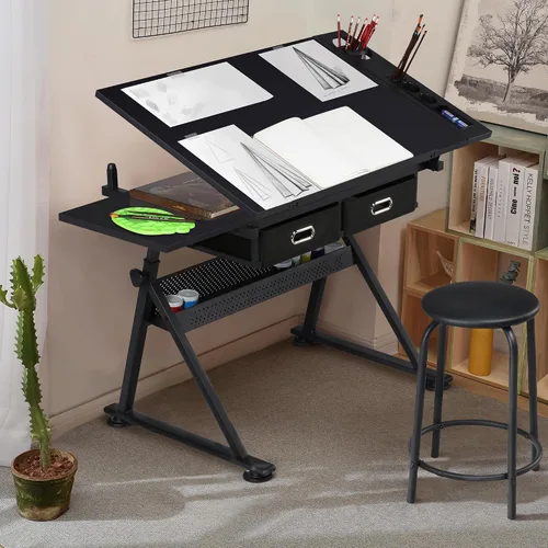 Vista 2 de Yaheetech Mesa de dibujo para artistas, escritorio de dibujo de altura ajustable, escritorio de arte/manualidades, estación de trabajo de pinturas