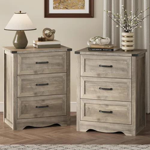 Vista 25 de Mesita de noche con 3 cajones, mesa auxiliar de 61 cm de ancho estilo granja, mesa de noche de madera rústica con asa metálica, cómoda moderna