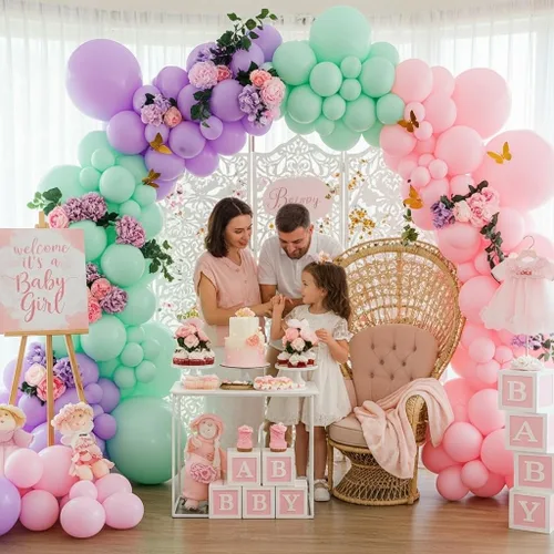 Vista 2 de Kit de arco de globos rosa, morado y verde menta, globos pastel de doble relleno con mariposas doradas para baby shower, cumpleaños de niña, tema