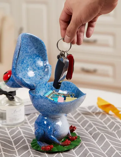 Vista 2 de Plato de caramelo, tarro de galletas, estatuilla de rana, escultura de decoración moderna, regalos de estatua de poliresina, azul, 8.0 pulgadas