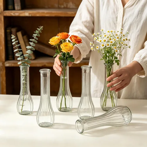 Vista 3 de Jarrones altos de cristal para centros de mesa, jarrón acanalado a granel a granel, moderno jarrones florales delgados de 8 pulgadas para decoración
