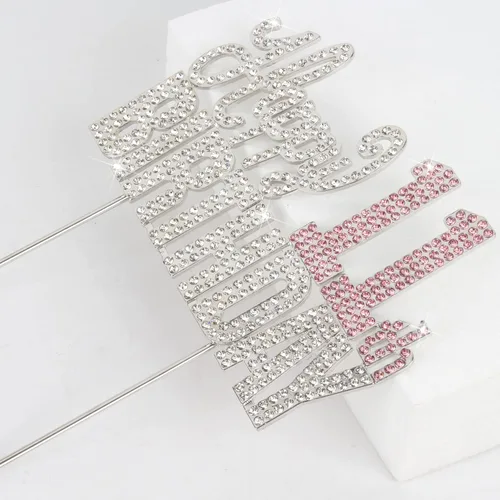 Vista 3 de Decoración de pastel de diamantes de imitación rosa y plateado con texto en inglés "Cheers to 11 Years Old Eleven Bday" de metal brillante