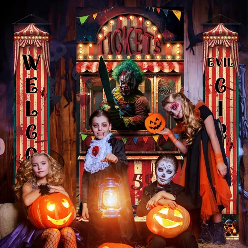 Vista 4 de WovWeave 3 piezas de decoraciones espeluznantes de carnaval de Halloween incluyen 2 carteles de circo malvado para porche y taquilla de boletos