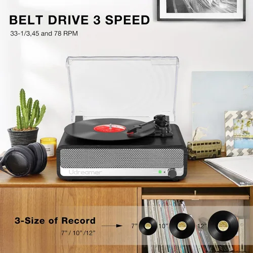 Vista 5 de Reproductor de discos de vinilo con altavoces integrados, tocadiscos de 3 velocidades con Bluetooth 5.3 más reciente, entrada AUX, conector