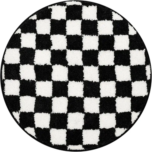 Vista 9 de Alfombras redondas a cuadros para baño, lavables a máquina, negras y blancas de 2 pies, alfombrilla de baño antideslizante y absorbente, alfombra