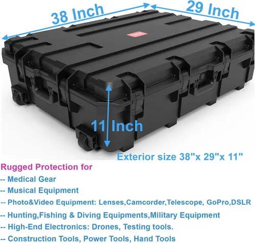 Vista 4 de Regetek Funda rígida impermeable de 38 x 29 x 11 pulgadas, funda rígida con ruedas, espuma personalizable, 3 asas grandes, para cámaras, equipos