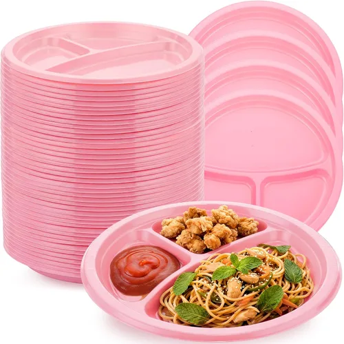 Vista 12 de Umigy 100 platos de plástico divididos de 10 pulgadas, 3 compartimentos, a granel, colorido, desechable, resistente, vajilla redonda para San Negro