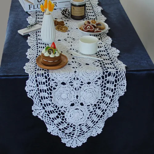 Vista 9 de kilofly Mantel de mesa hecho a mano con encaje de algodón de ganchillo, 15 x 43 pulgadas