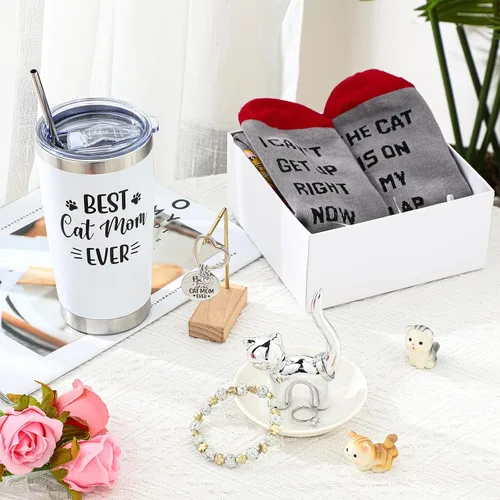 Vista 6 de Regalos de Navidad para mujeres, incluyendo tazas de viaje de 20 onzas, vaso, llavero, calcetines novedosos, soporte para anillos, plato