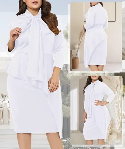 Vista 3 de LALAGEN Vestido midi entallado de manga larga con cuello de corbata peplum para mujer, talla grande