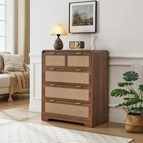 Vista 3 de Cómoda moderna de mediados de siglo para dormitorio con 4 cajones, cómoda de 35 pulgadas de alto con lino natural, cómoda de madera curvada