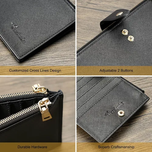 Vista 7 de Travelambo Billetera para mujer con bloqueo RFID plegable para múltiples tarjetas con bolsillo con cremallera, Negro -, Minimalista