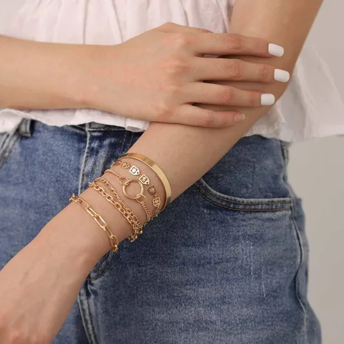 Vista 3 de Pulsera de mano italiana gruesa de oro Figaro con cadena delicada para mujeres y niñas, 6 unidades (dorado), Talla única, aleación
