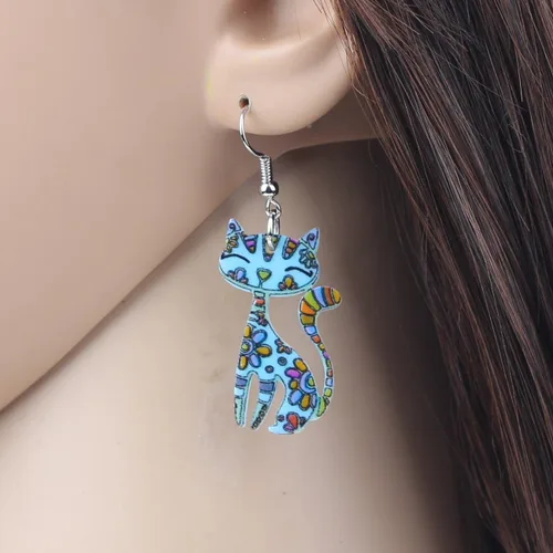 Vista 4 de Bonsny Aretes colgantes de acrílico para gatos con caída larga "CAYLEIGH Statement Pop-Art Gitten Gift Girl Women