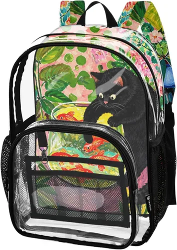 Vista 12 de Mochila transparente con diseño de gato negro y helado para la Lirios de gato azul