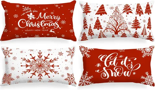 Vista 21 de Lanpn Fundas de Cojín Lumbar Navideñas de 12x20, 4 piezas, Blanco y Negro Feliz Navidad Xmas Invierno Copo de Nieve Fundas de Almohada de Cojín