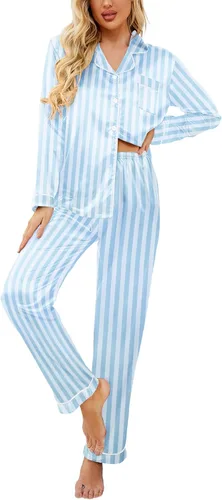 Vista 28 de Ekouaer - Conjunto de pijama de satén de seda clásico con botones para mujer, de manga larga Verde militar