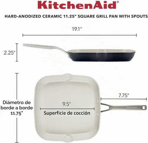 Vista 2 de KitchenAid Sartén antiadherente de cerámica anodizada dura, cuadrada, 11.25 pulgadas, negro mate