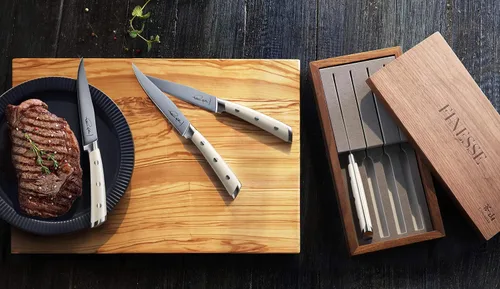Vista 6 de Cangshan Thomas Keller Signature Collection - Cuchillo para carne de filo recto forjado de 4 piezas, caja de nogal