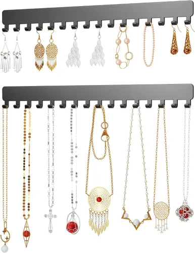 Vista 10 de Bussdis Organizador de Collares - Organizador de Joyería Colgante, Autoadhesivo, Montaje en Pared, Paquete de 2, Negro