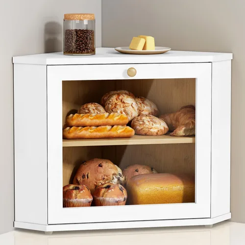 Vista 9 de Goozii Panera de Bambú de Esquina para Encimera de Cocina, Panera de Madera Redonda de 2 Niveles, Contenedor de Almacenamiento de Pan Estilo Granja