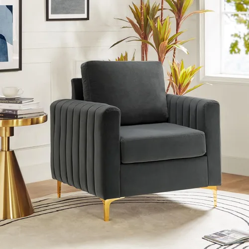 Vista 18 de HULALA HOME Silla de club de acento de terciopelo, sillón de terciopelo moderno tapizado de club con patas de metal dorado de mediados de siglo