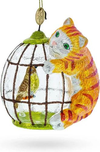 Vista 3 de Gato caprichoso con jaula de pájaros, adorno navideño de vidrio soplado