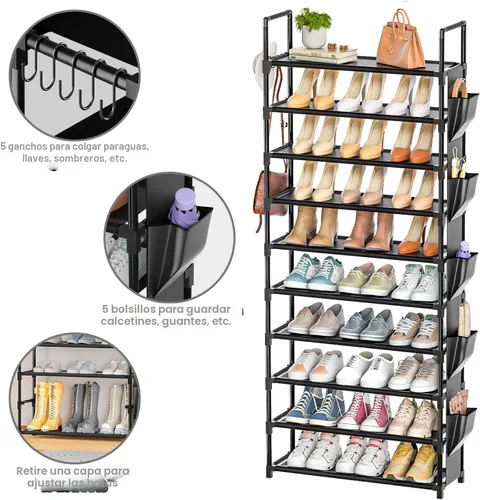 Vista 5 de Zapatero Alto de 10 Niveles Organizador de Zapatos de 10 Niveles para Armario, Estante de Zapatos de Metal con Almacenamiento, Torre de Zapatero