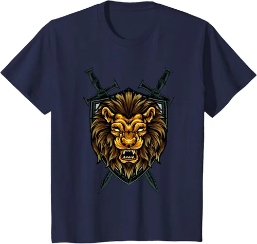 Vista 51 de Camiseta con diseño de caballero medieval renacentista, con diseño de espada de león, Negro, S