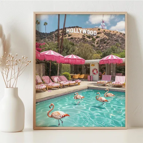 Vista 3 de Pink Flamingo Inn Hollywood - Póster enmarcado de 11 x 14 pulgadas, arte de pared retro glamoroso de mediados de siglo, estilo California Dreamin